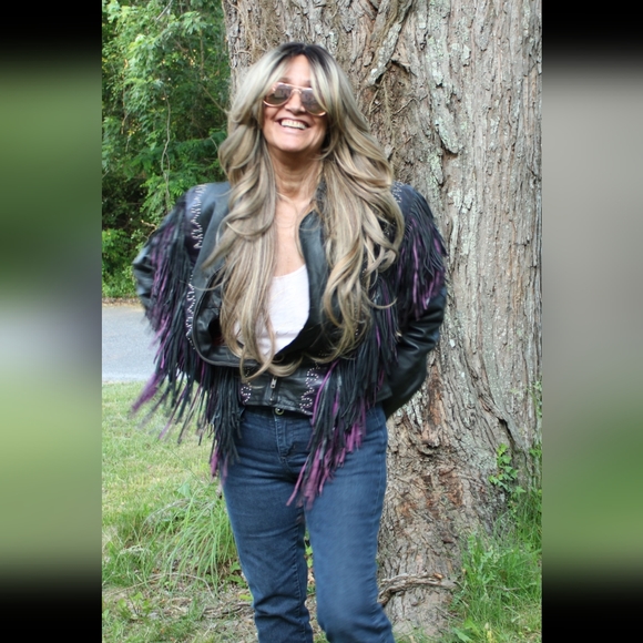 Gorgeous purple and black real leather jacket with fringes size medium - Picture 3 of 3